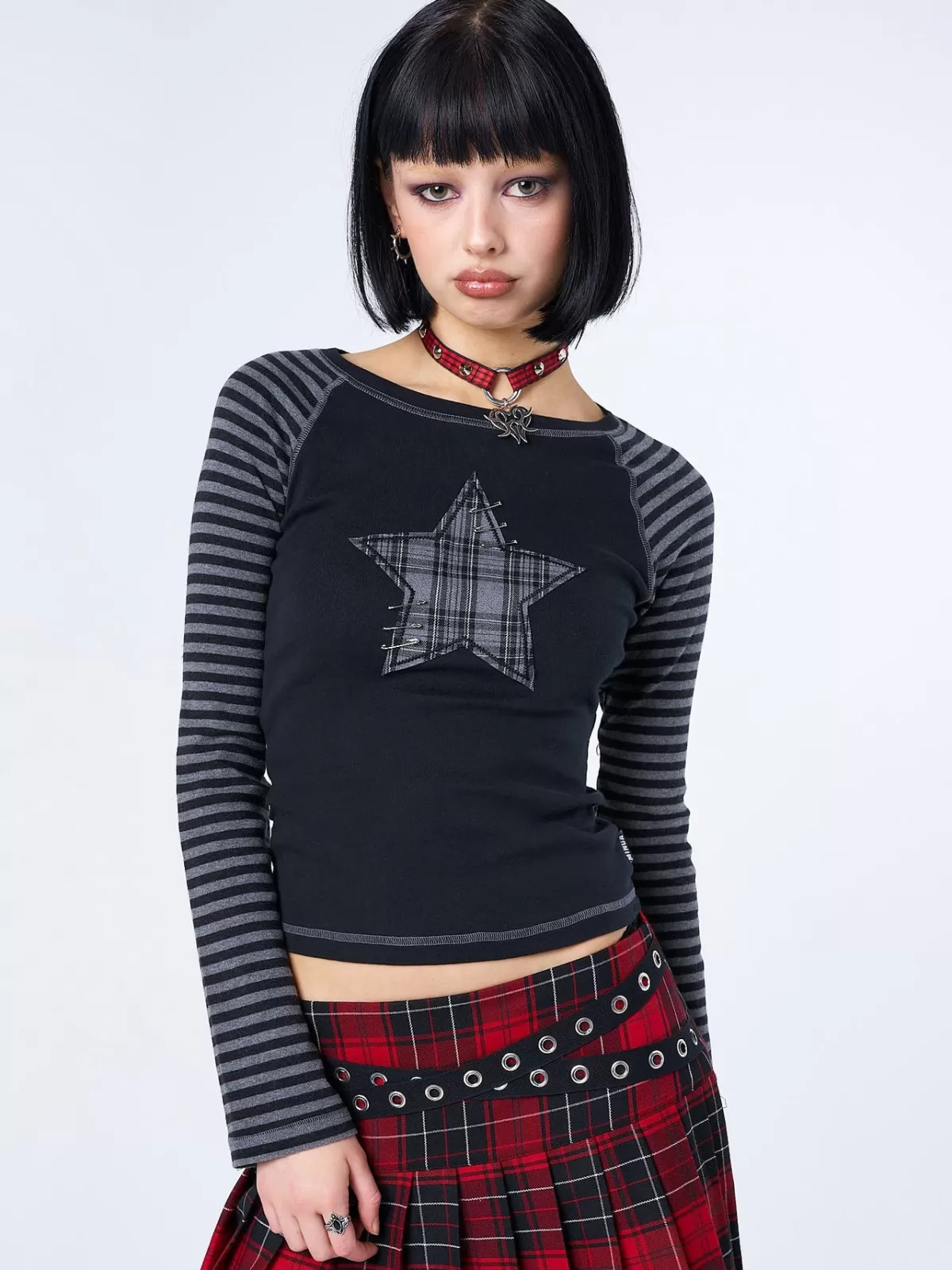 Best Sale Minga London Akari Plaid Star Striped Sleeves Top Black