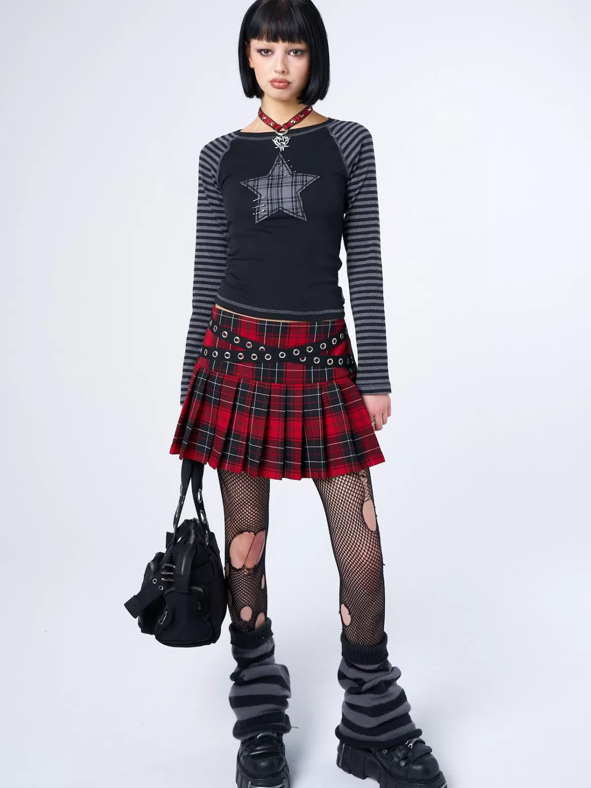 Best Sale Minga London Akari Plaid Star Striped Sleeves Top Black