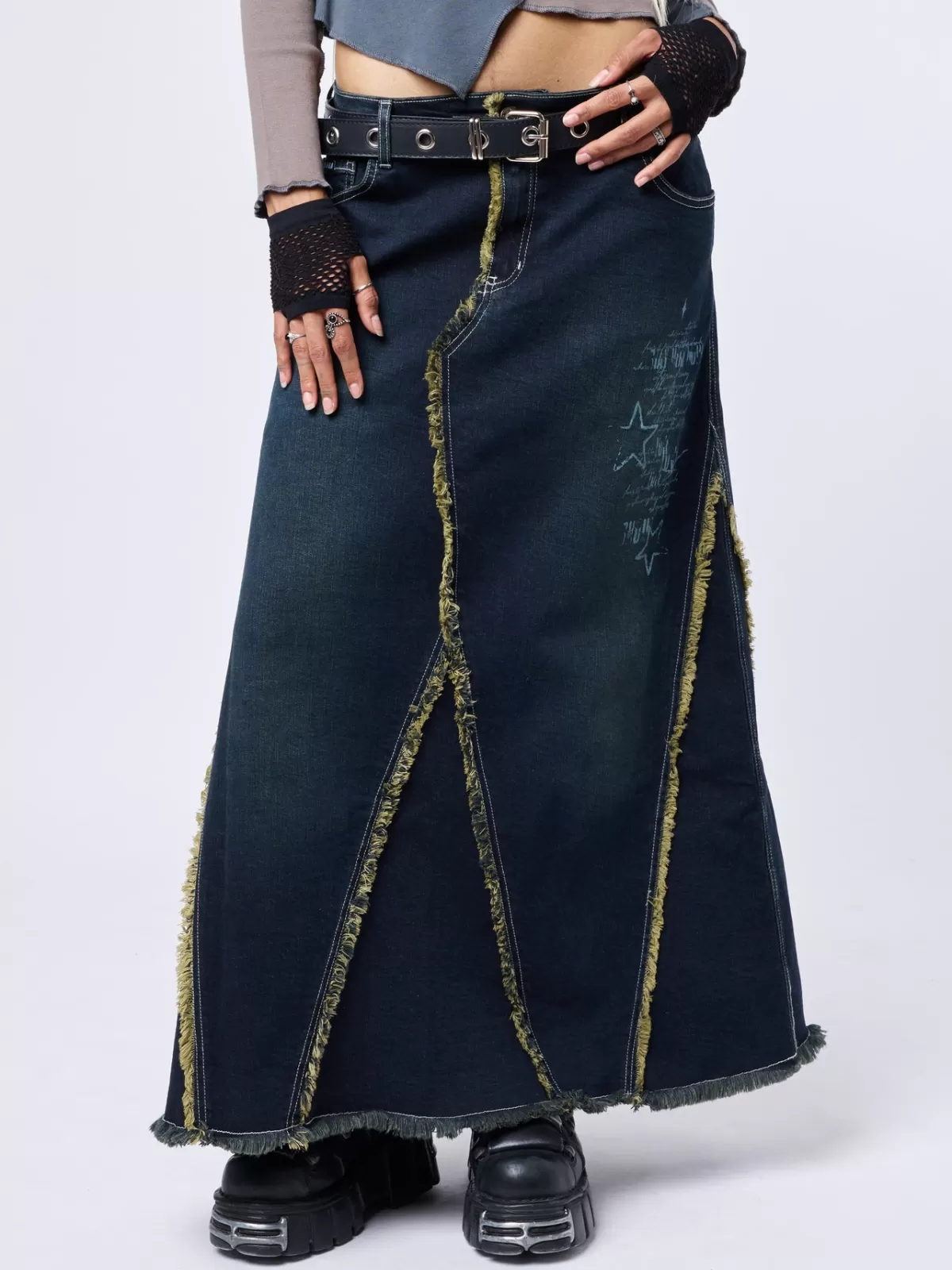 New Minga London Alexis Lined Denim Maxi Skirt Blue