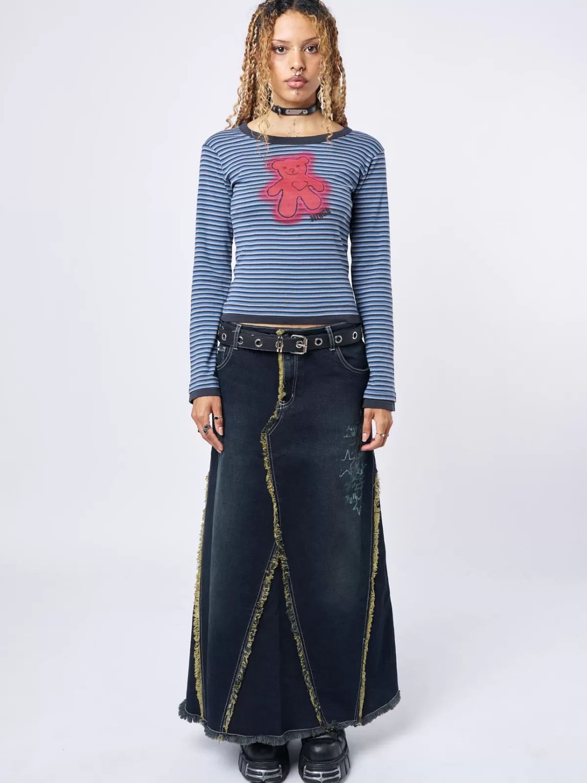 New Minga London Alexis Lined Denim Maxi Skirt Blue