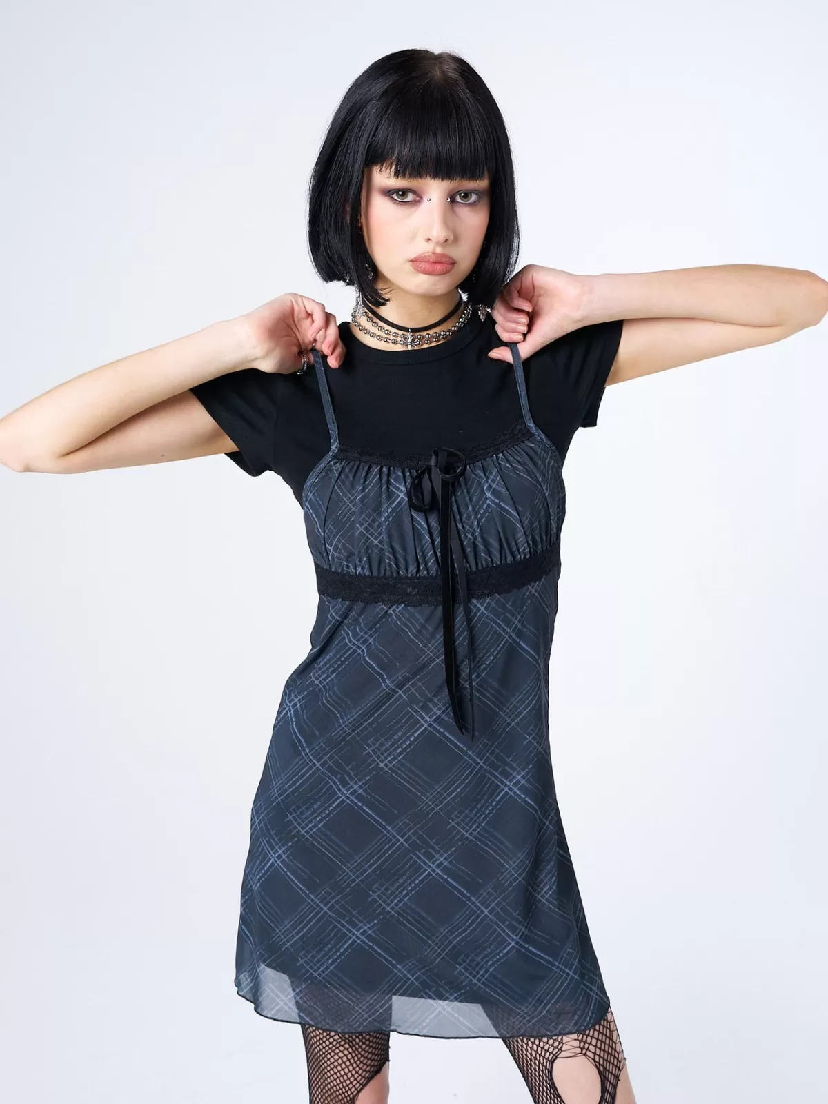Best Minga London Amber Tartan Lace Trim Mini Dress Grey