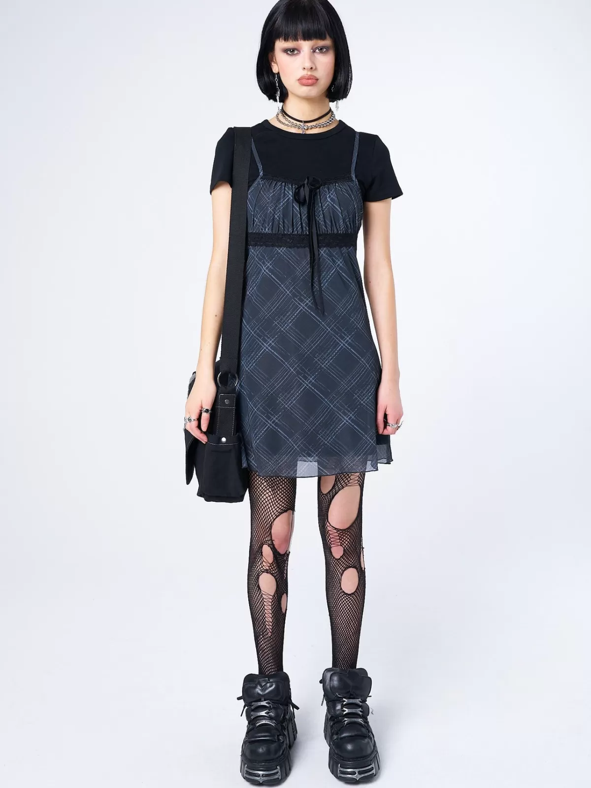 Best Minga London Amber Tartan Lace Trim Mini Dress Grey