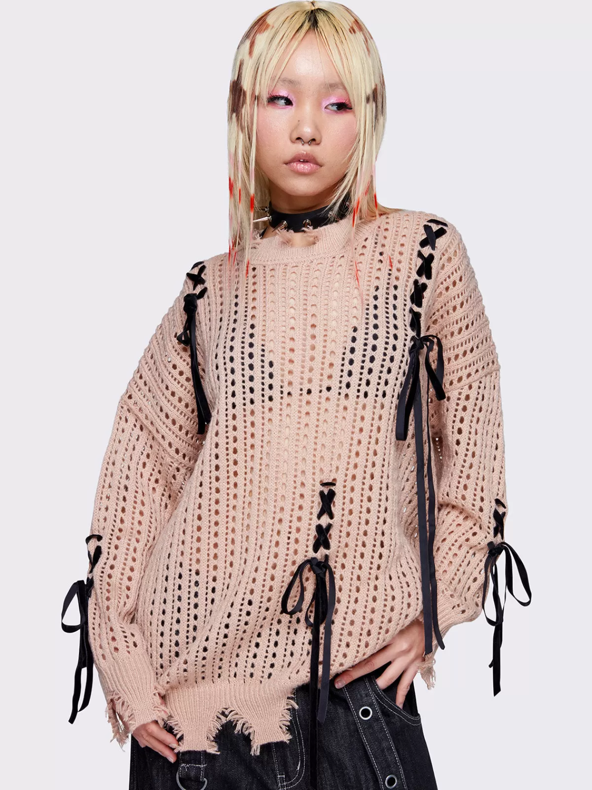 Fashion Minga London Amelia Bows Distressed Knit Jumper Beige