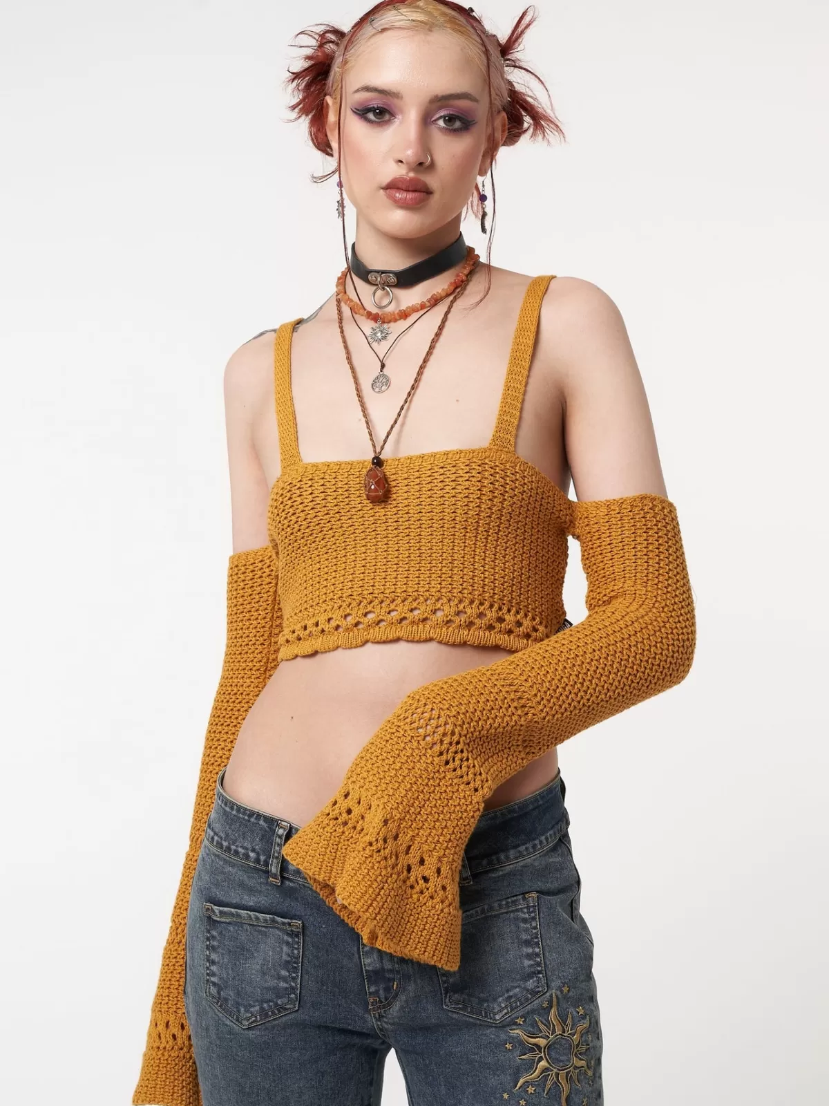 Sale Minga London Ariel Golden Knitted Flare Crop Top Yellow