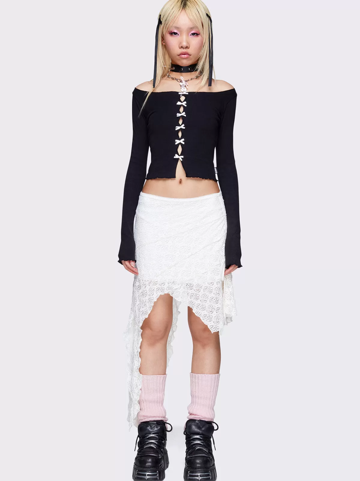 Store Minga London Audrey Lace Ruffled Asymmetrical Skirt White