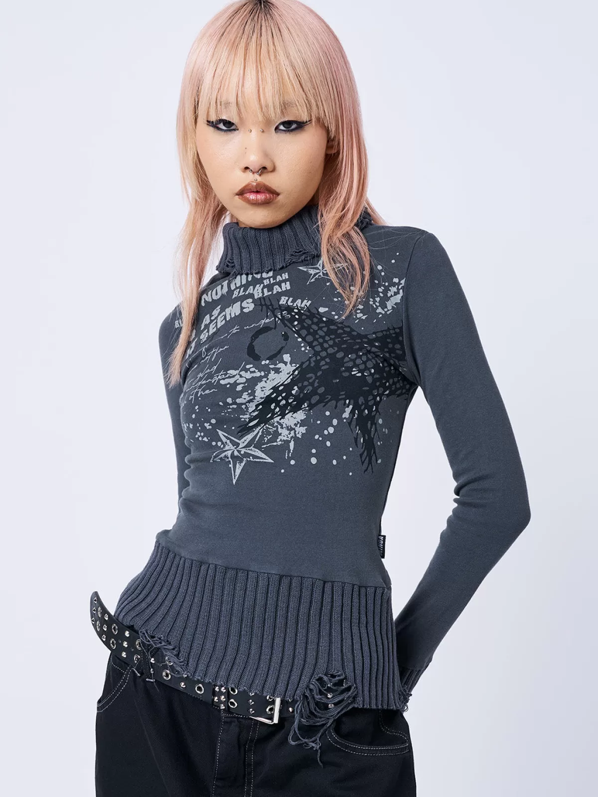 Cheap Minga London Blah Blah Blah Distressed High Neck Top Grey