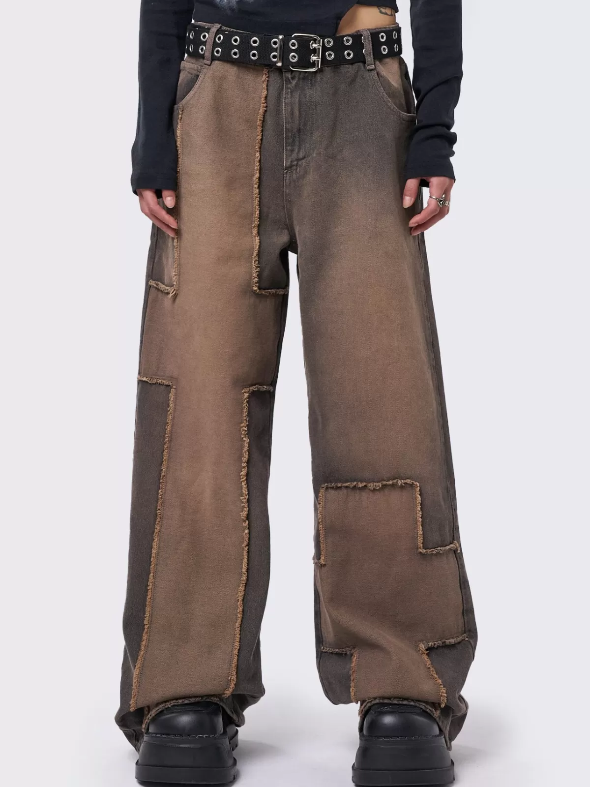 Shop Minga London Blake Cross Patch Baggy Jeans Brown