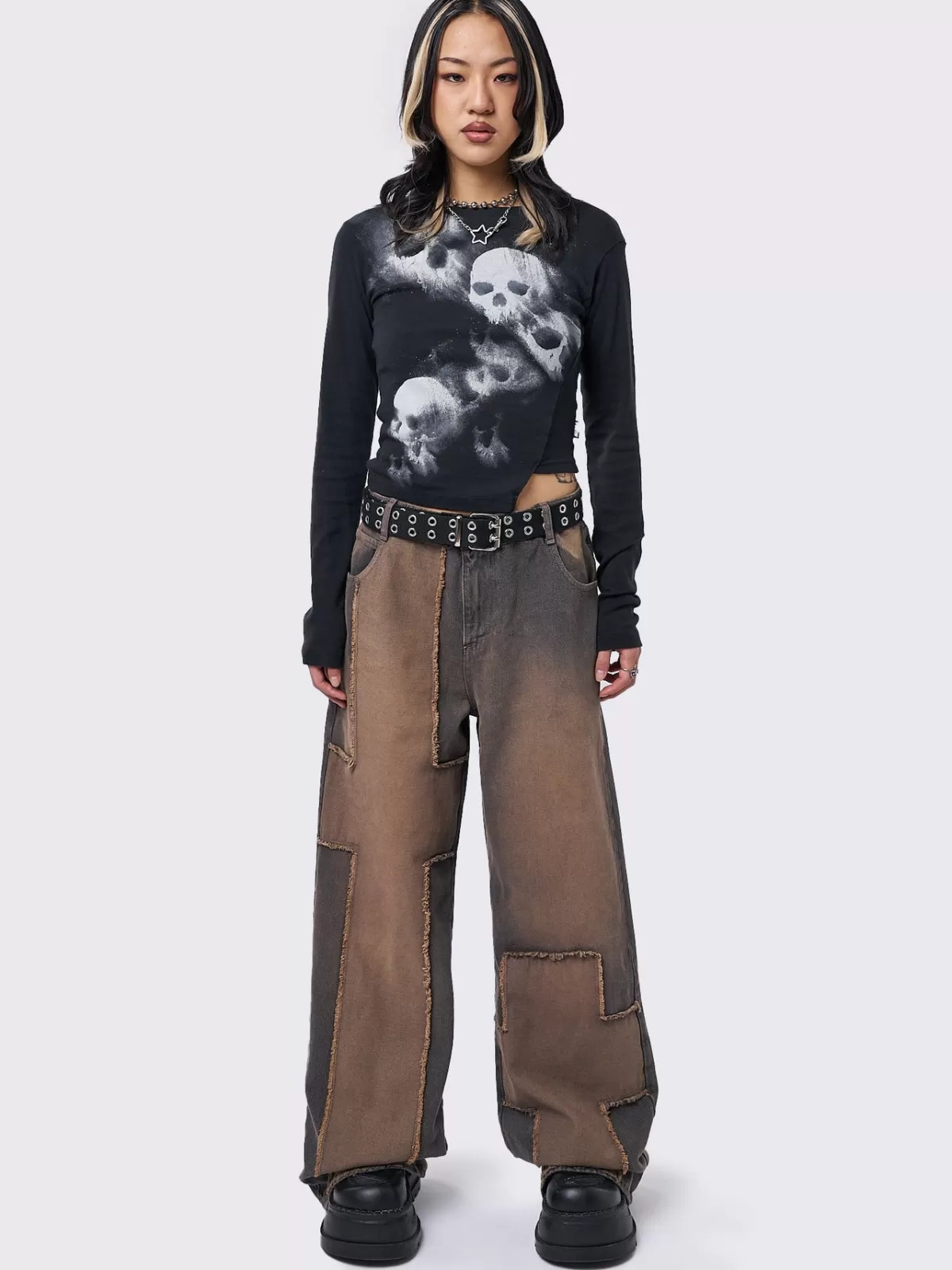 Shop Minga London Blake Cross Patch Baggy Jeans Brown