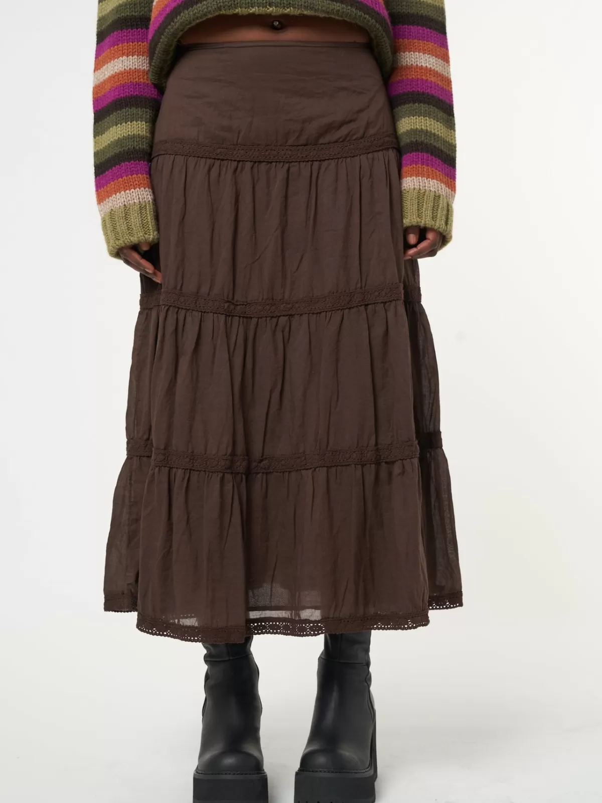 Hot Minga London Bohemian Fairy Ruffle Lace Maxi Skirt Brown