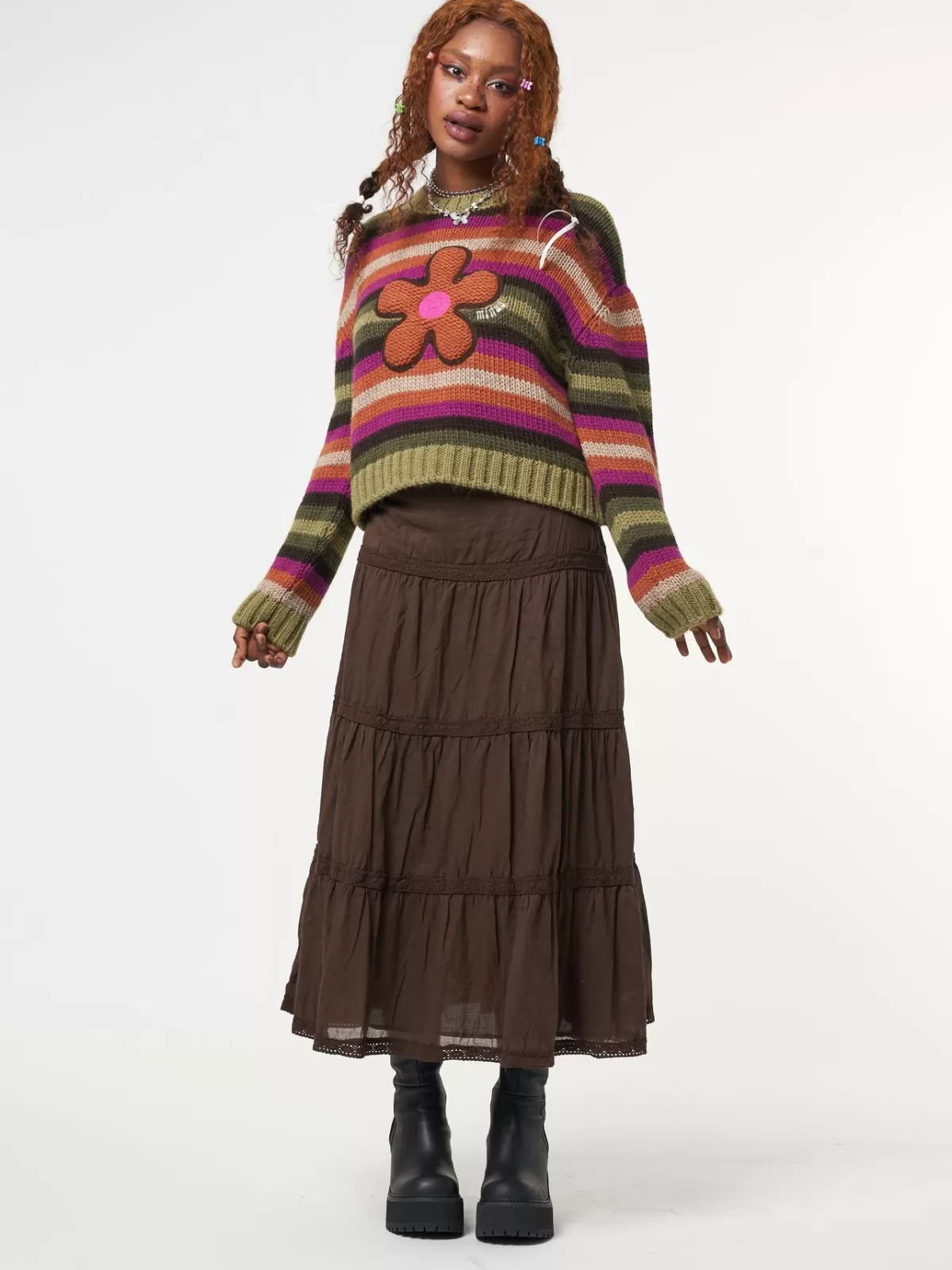 Hot Minga London Bohemian Fairy Ruffle Lace Maxi Skirt Brown