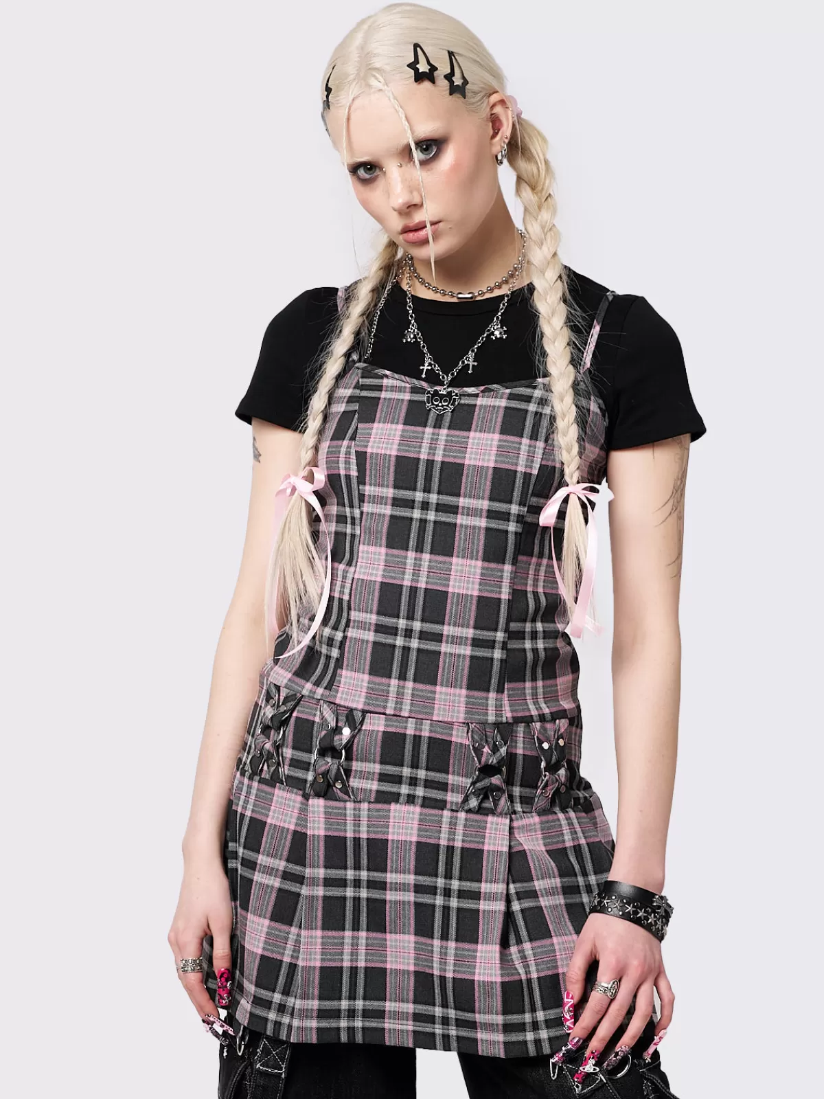 Hot Minga London Camila Straps Plaid Mini Dress Pink