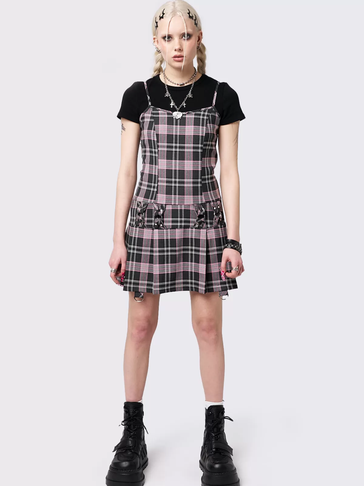 Hot Minga London Camila Straps Plaid Mini Dress Pink