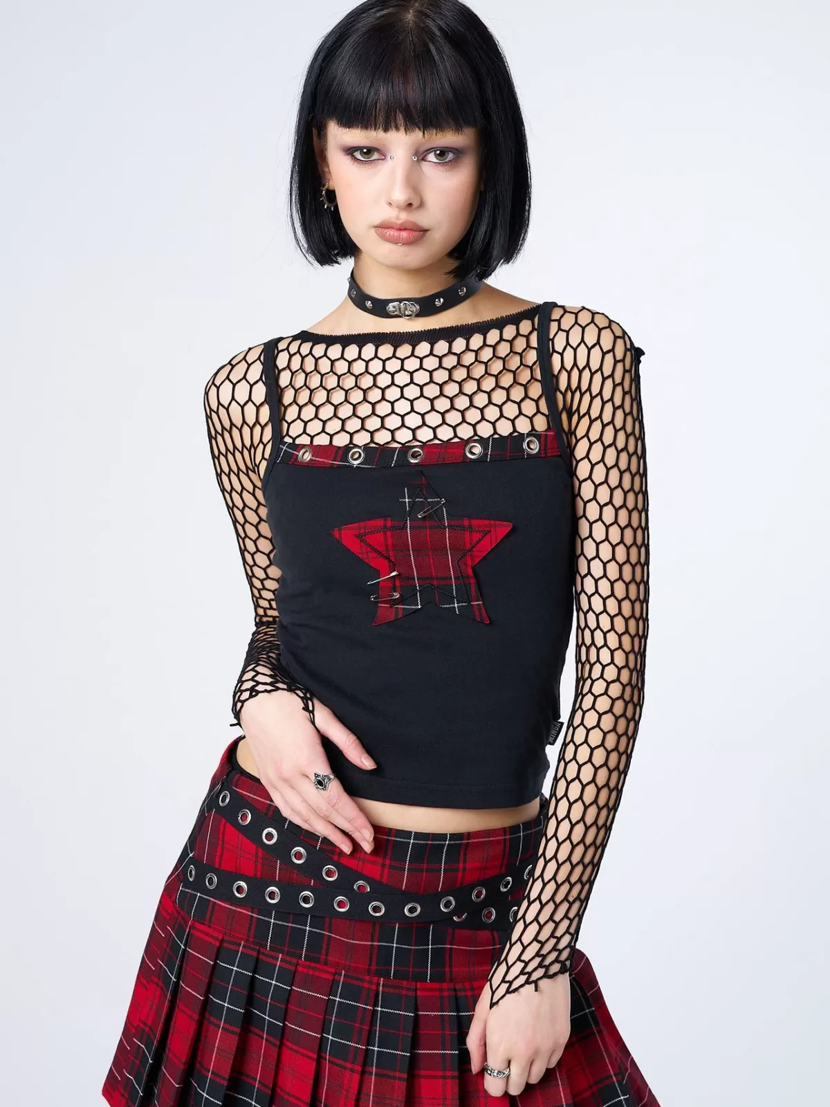 Hot Minga London Carrie Plaid Star Cami Top Black