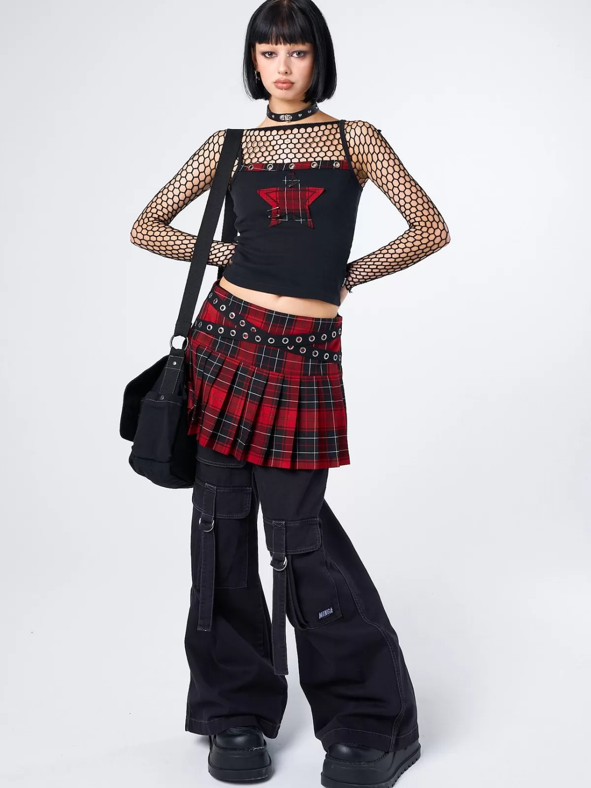 Hot Minga London Carrie Plaid Star Cami Top Black