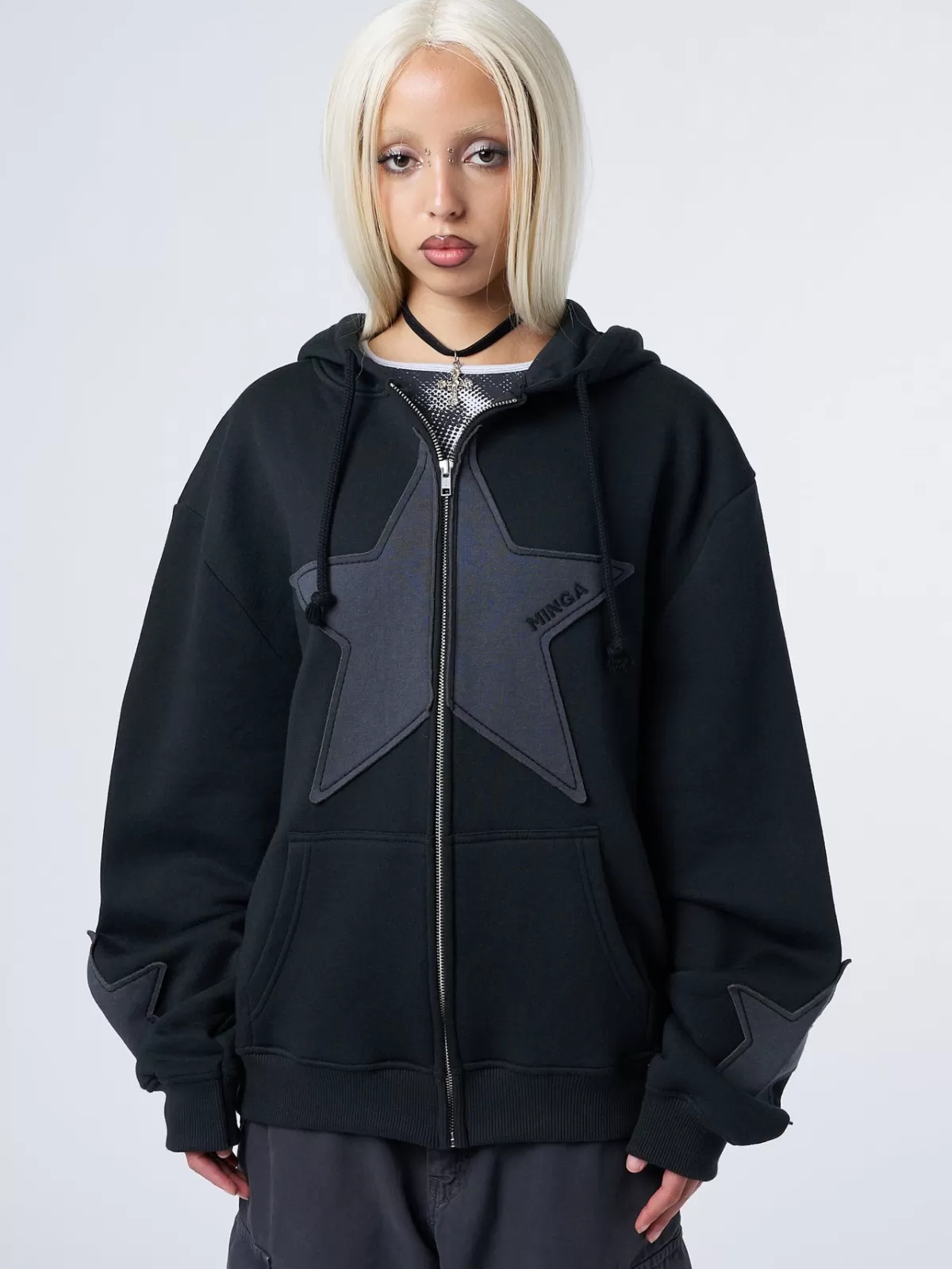 Hot Minga London Celeste Star Oversized Zip Up Hoodie Black