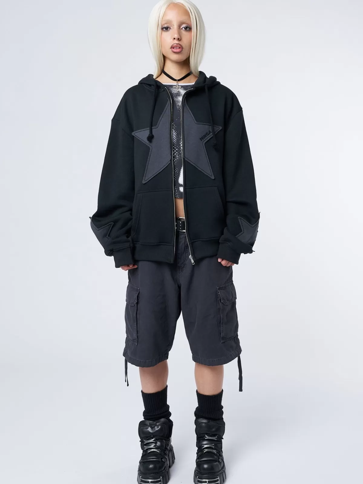 Hot Minga London Celeste Star Oversized Zip Up Hoodie Black