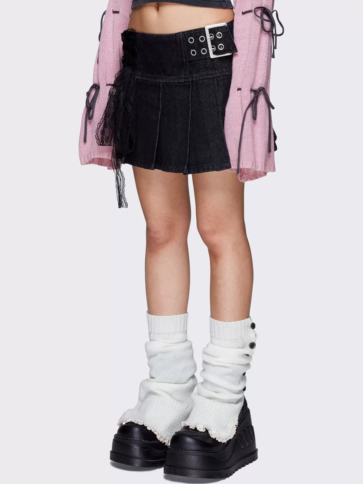 Sale Minga London Chloe Denim Pleated Mini Skirt Black