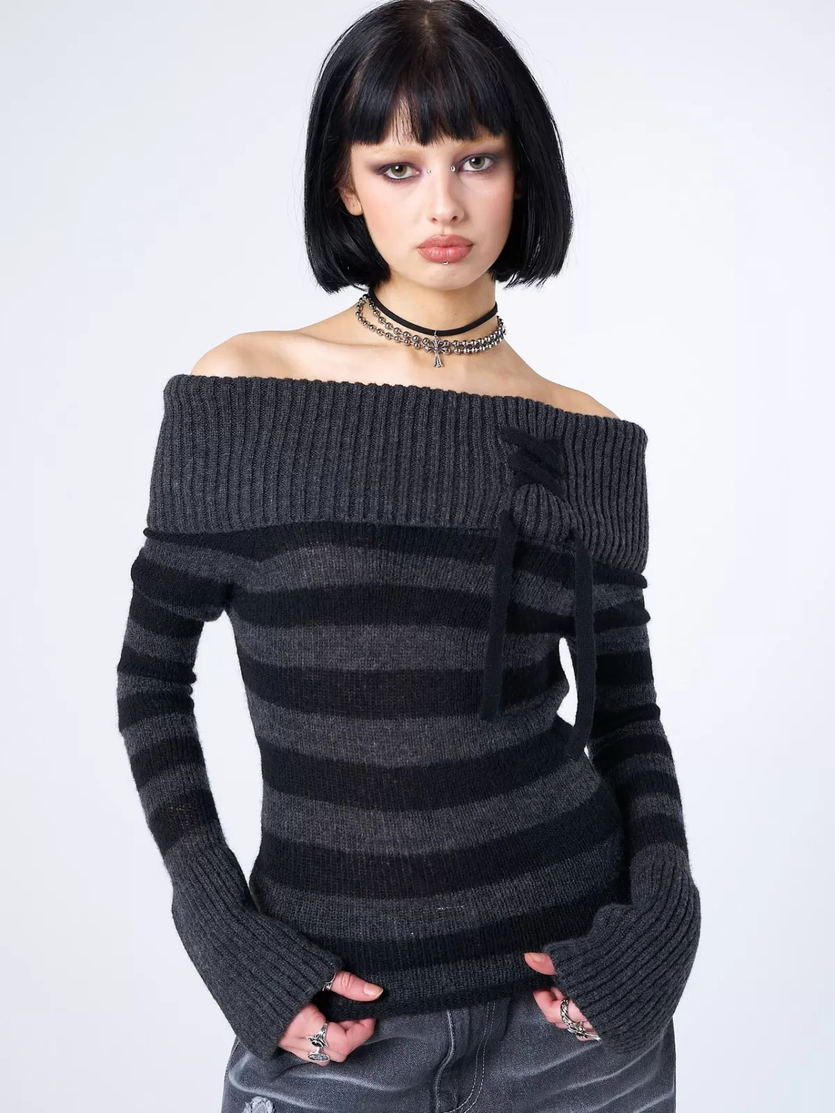 Store Minga London Cinder Striped Off Shoulder Knit Jumper Black