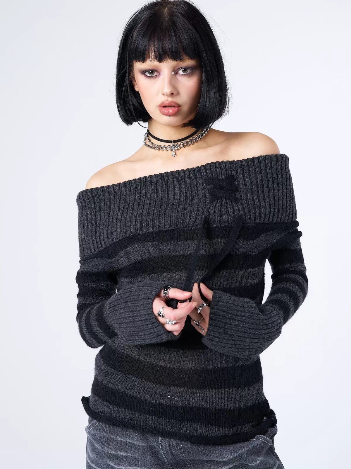 Store Minga London Cinder Striped Off Shoulder Knit Jumper Black