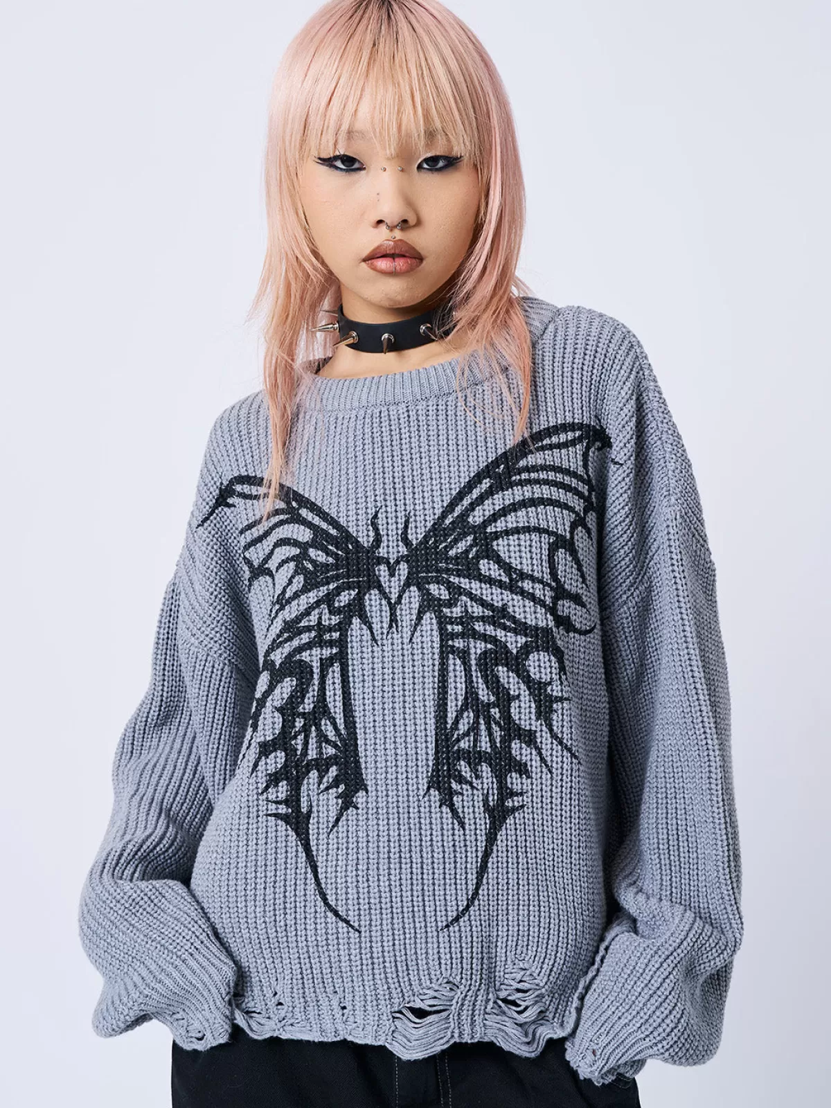Hot Minga London Darkwave Butterfly Distressed Knit Jumper Grey