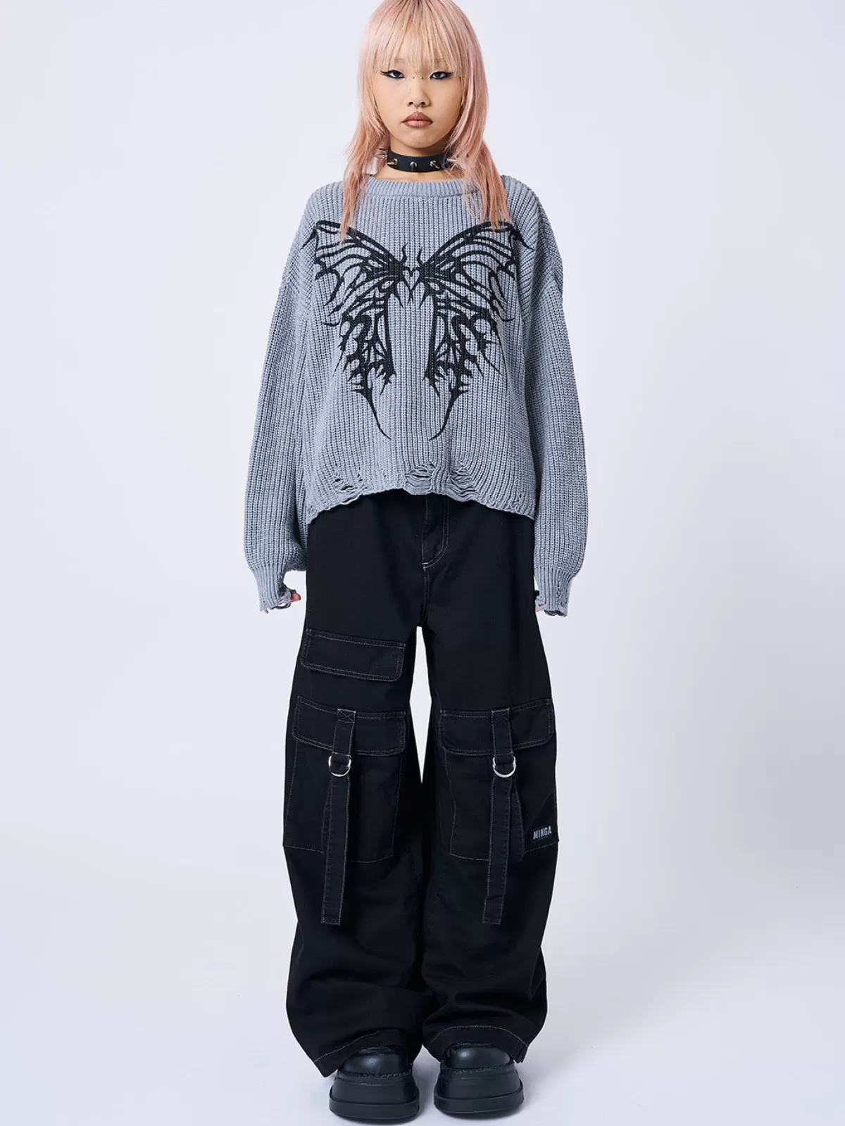 Hot Minga London Darkwave Butterfly Distressed Knit Jumper Grey