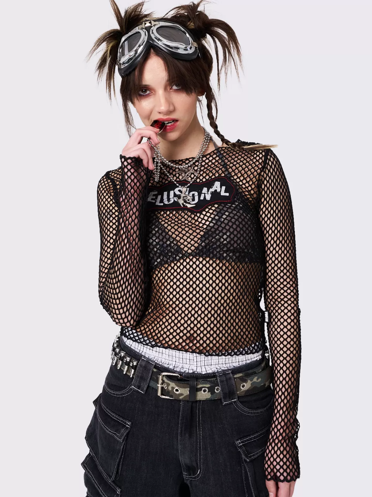 Clearance Minga London Delusional Fishnet Long Sleeve Top Black