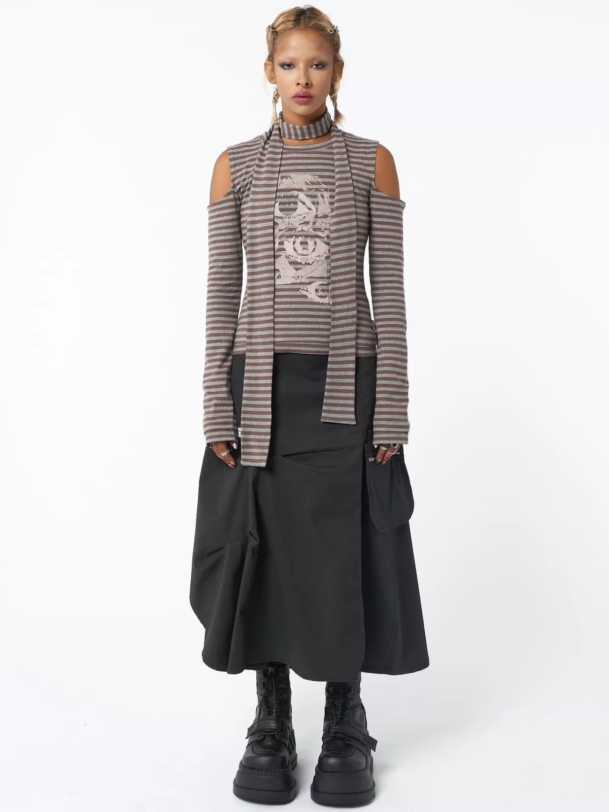 Hot Minga London Don! Panic Striped Top & Scarf Set Brown