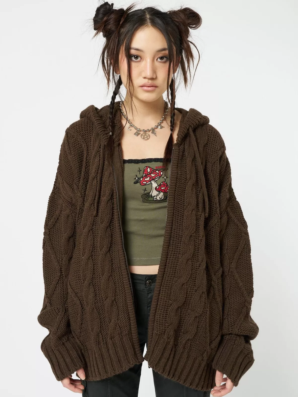 Online Minga London Eli Zip Up Cable Knit Cardigan Brown
