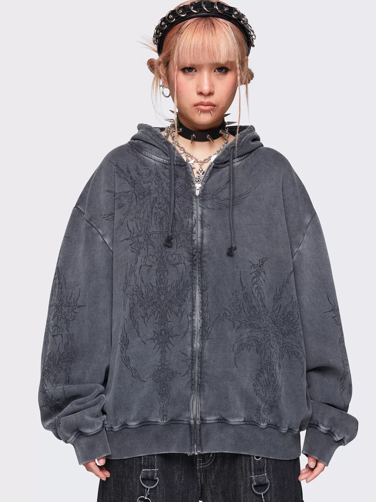 Fashion Minga London Enigmatic Wash Oversized Zip Up Hoodie Grey