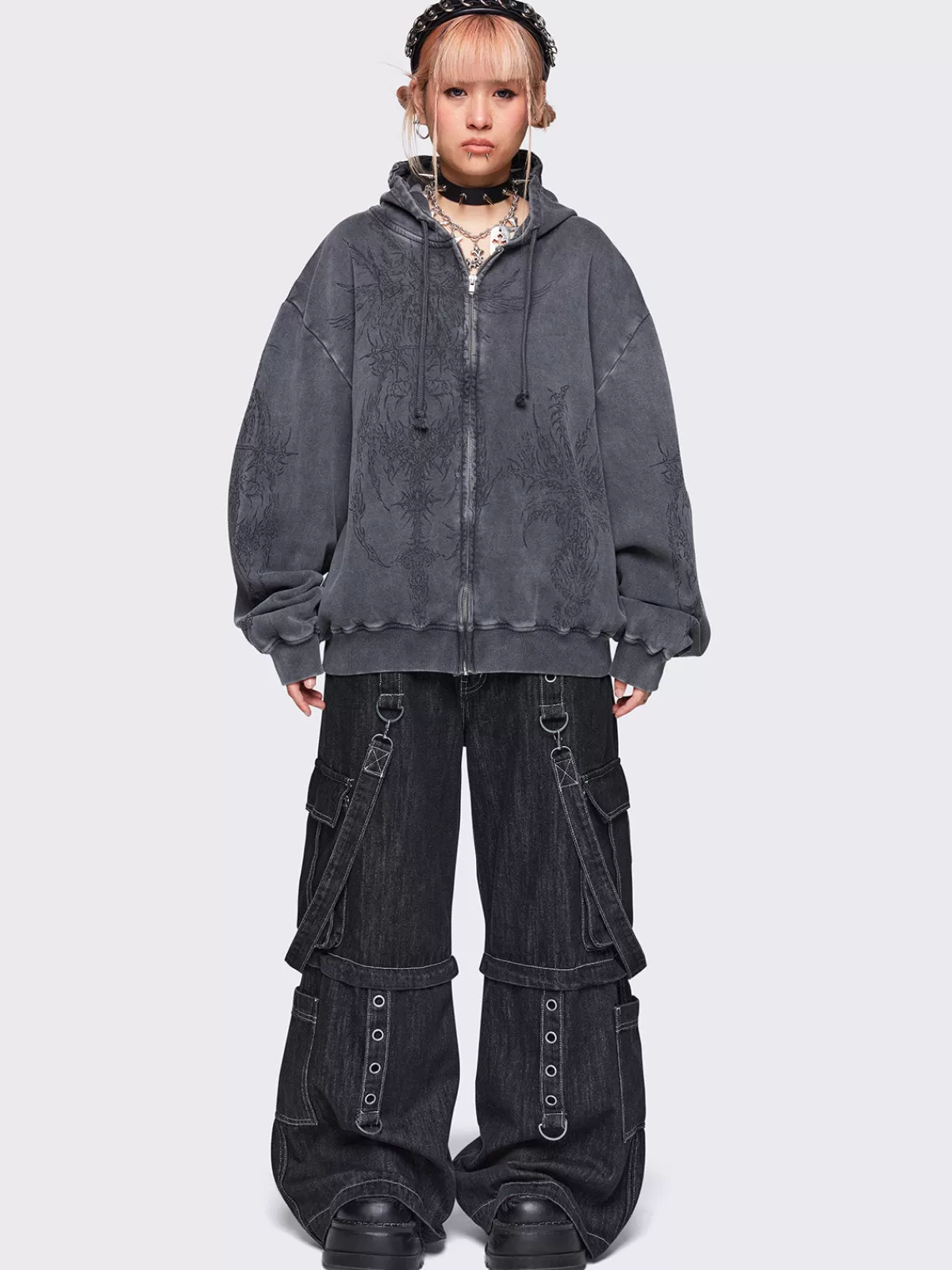 Fashion Minga London Enigmatic Wash Oversized Zip Up Hoodie Grey