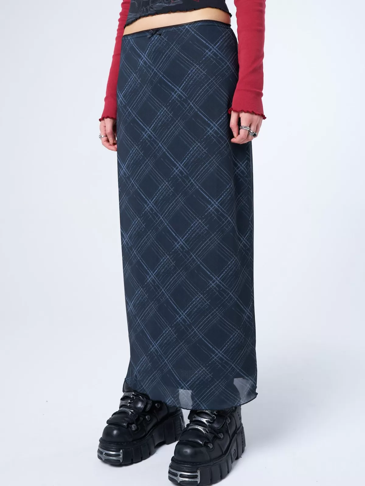 Store Minga London Erika Checked Mesh Maxi Skirt Black