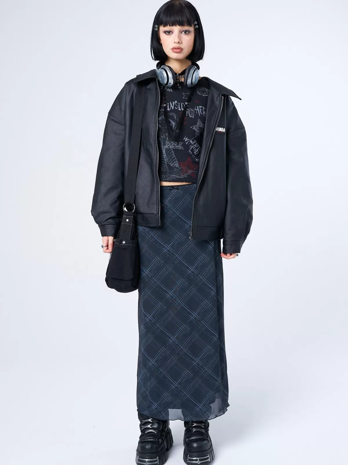 Store Minga London Erika Checked Mesh Maxi Skirt Black