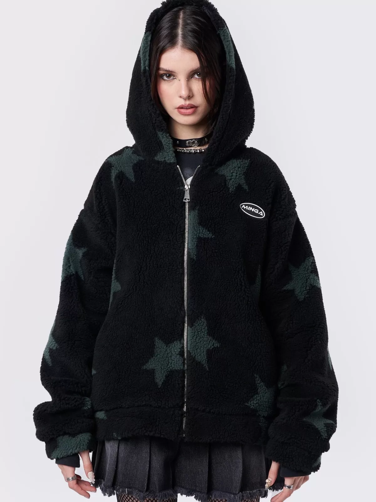 Clearance Minga London Fallen Star Fleece Zip Up Hooded Jacket Black