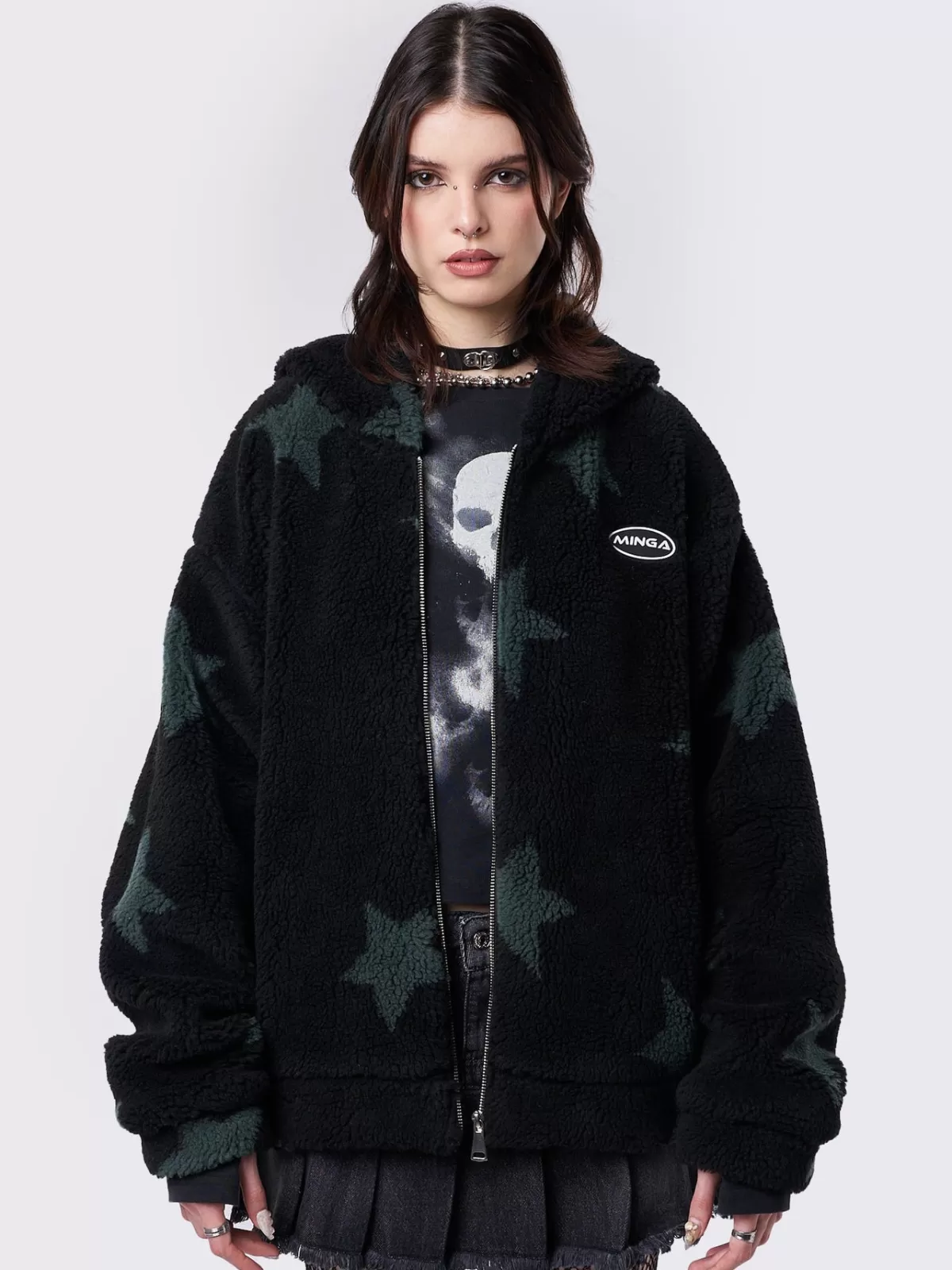 Clearance Minga London Fallen Star Fleece Zip Up Hooded Jacket Black