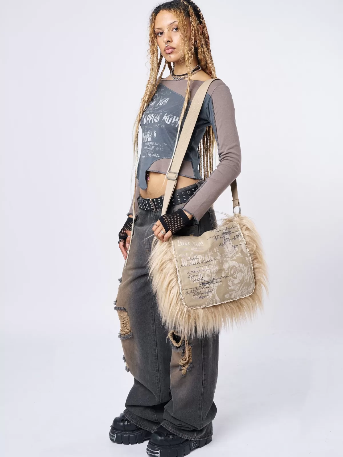 Best Minga London Fluffy Canvas Messenger Bag Beige