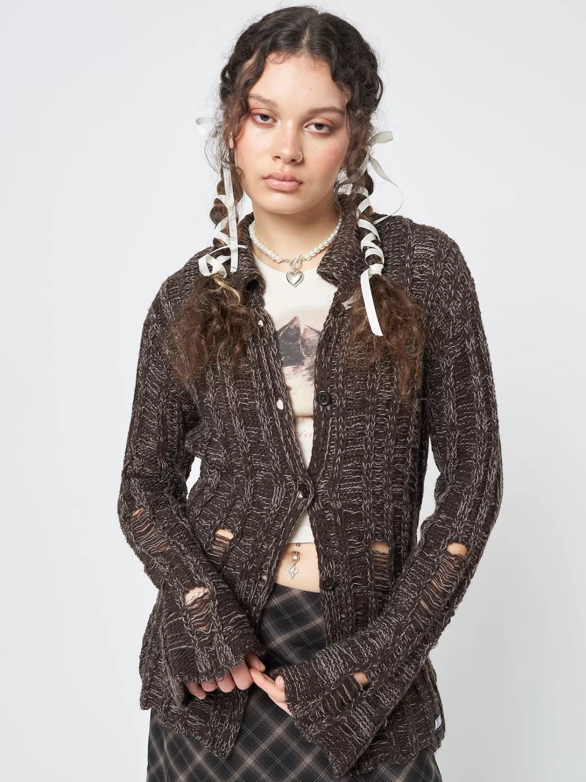New Minga London Gem Distressed Knit Cardigan Brown