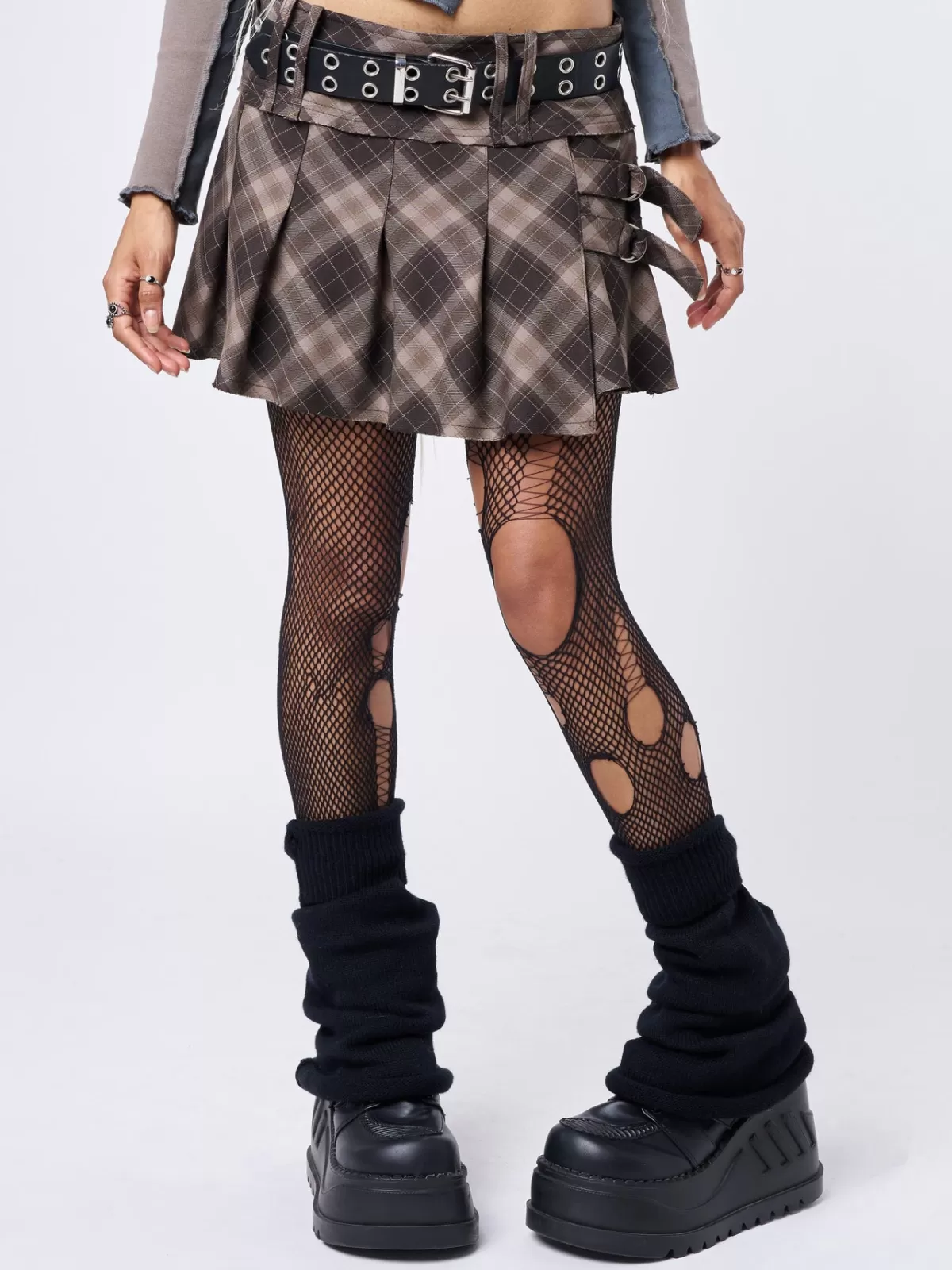 Fashion Minga London Gina Tartan Pleated Mini Skirt Brown