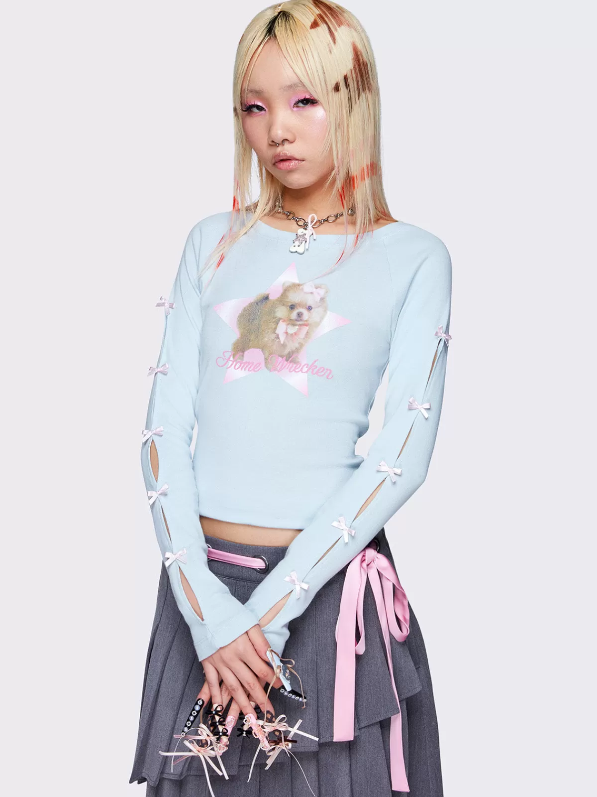 Outlet Minga London Home Wrecker Cut Out Bows Sleeves Top Blue