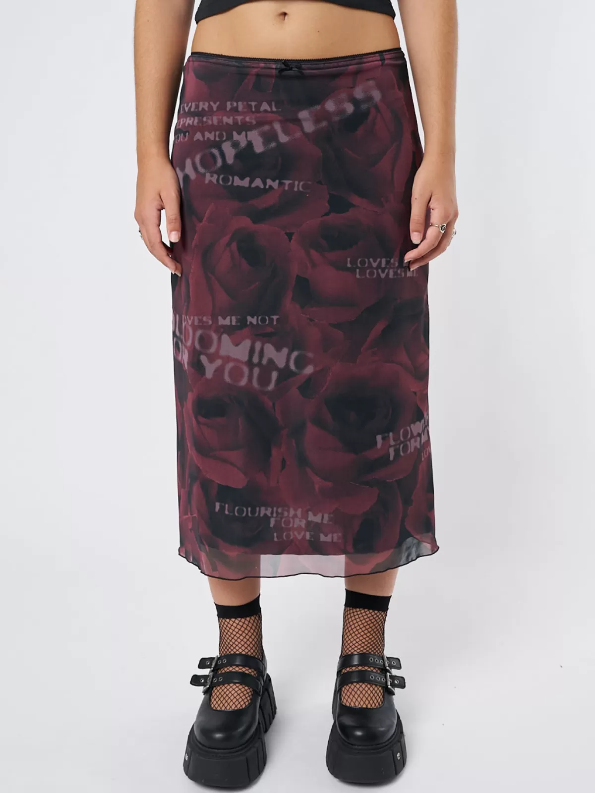 Fashion Minga London Hopeless Romantic Rose Mesh Midi Skirt Burgundy