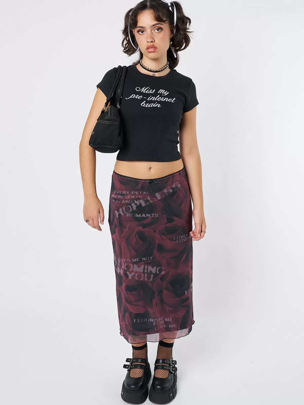 Fashion Minga London Hopeless Romantic Rose Mesh Midi Skirt Burgundy