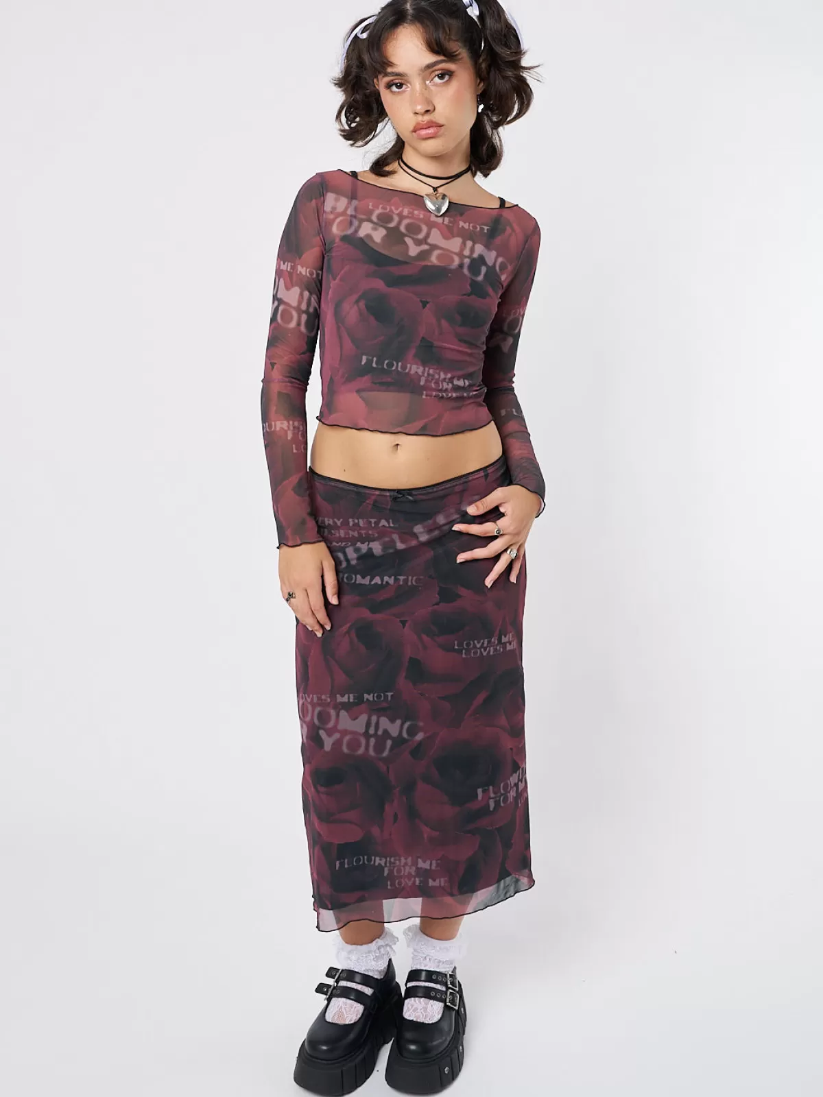 New Minga London Hopeless Romantic Rose Mesh Top Burgundy