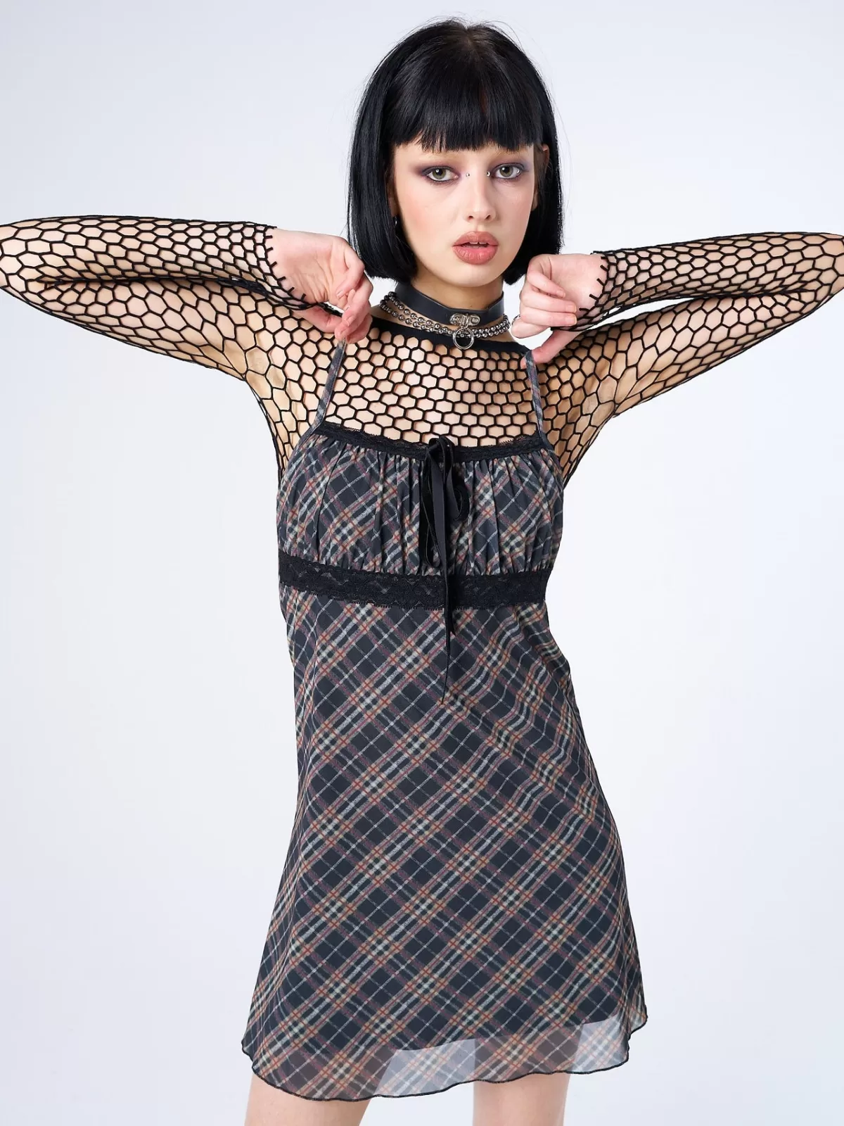 New Minga London Iza Tartan Lace Trim Mini Dress Yellow