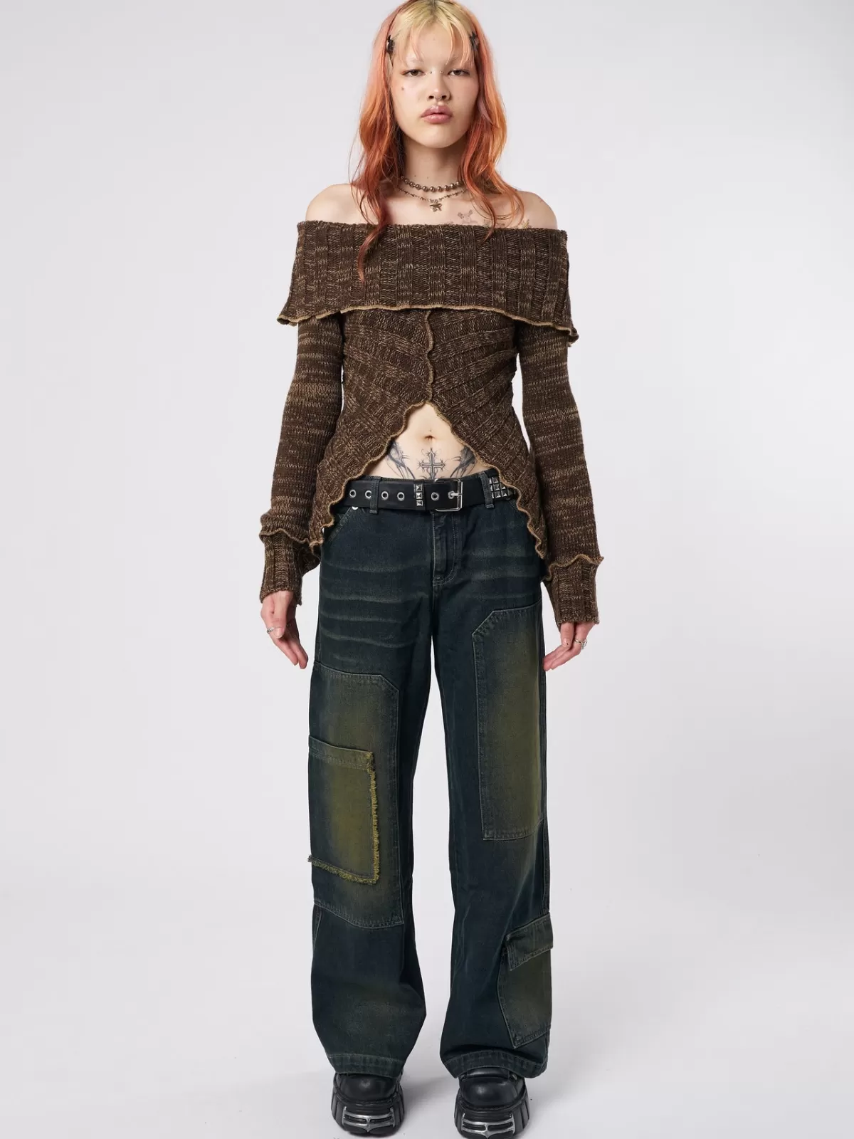 Hot Minga London Jetta Off Shoulder Knit Jumper Brown