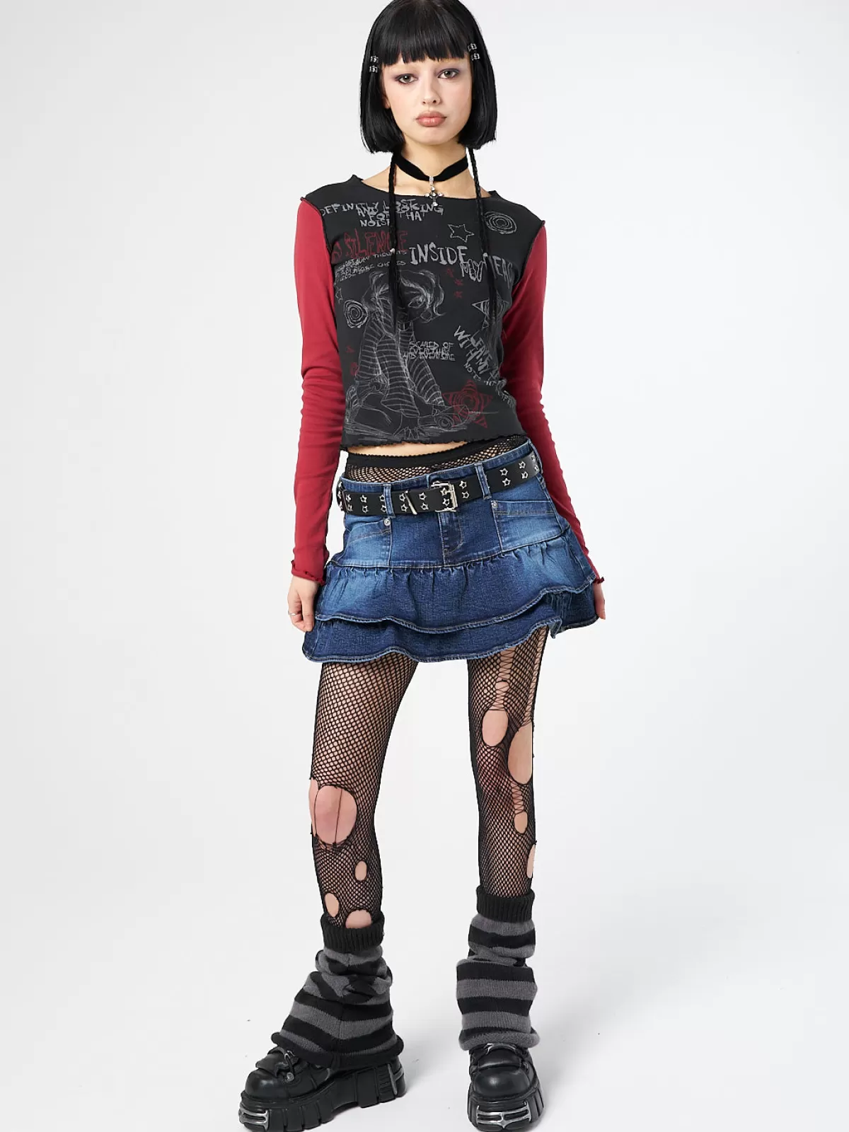 Hot Minga London Kat Washed Denim Y2K Mini Skirt Blue