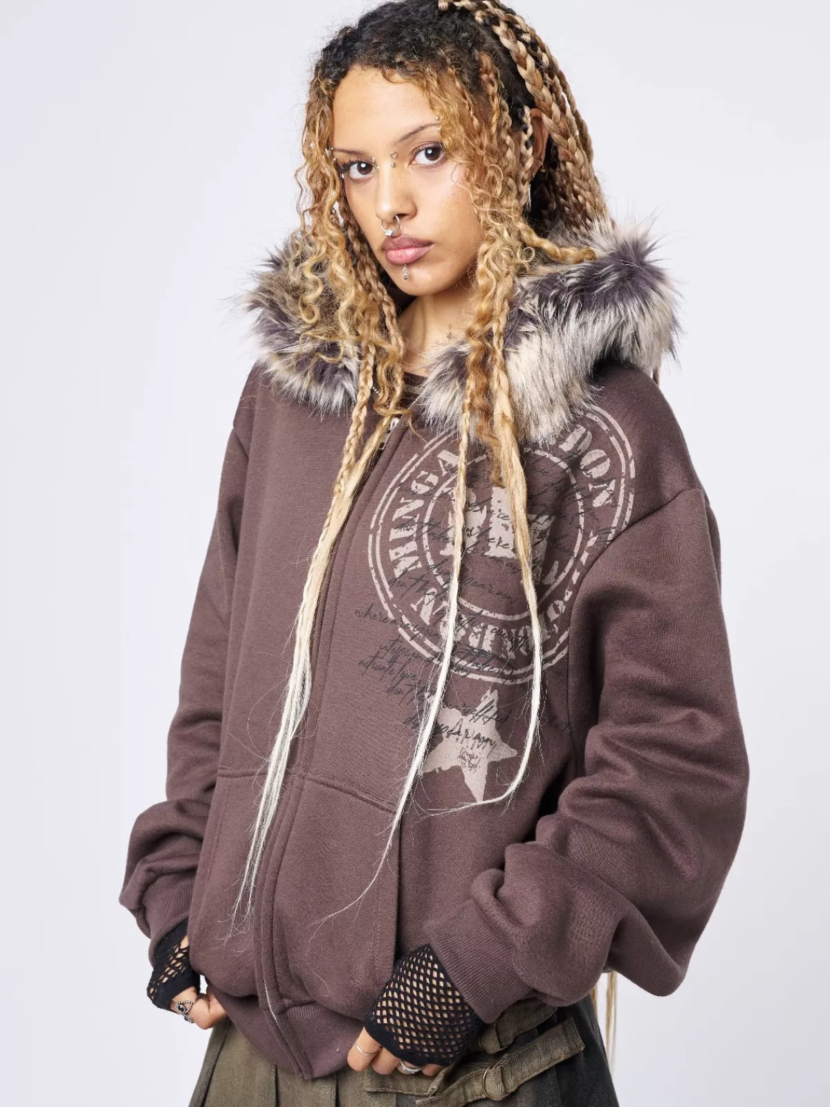 Fashion Minga London Kiara Faux Fur Neck Oversized Zip Up Hoodie Brown