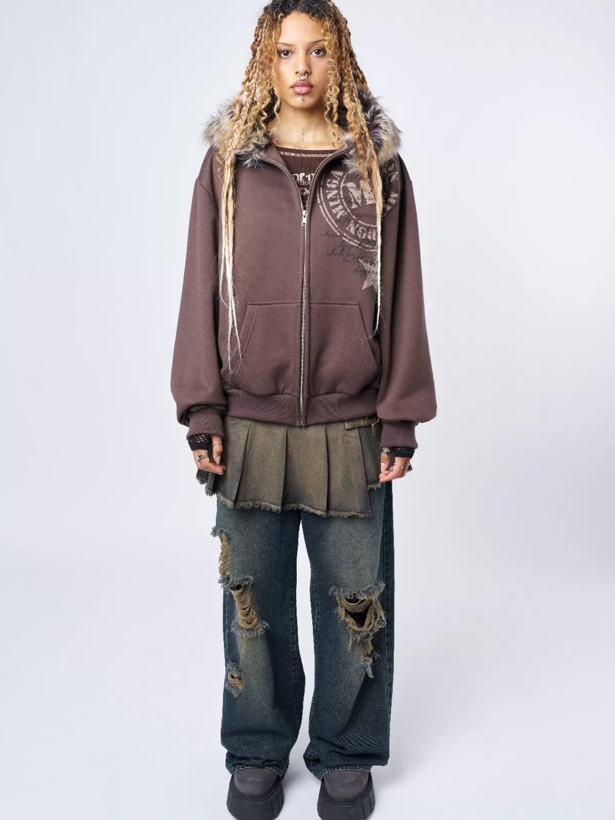 Fashion Minga London Kiara Faux Fur Neck Oversized Zip Up Hoodie Brown
