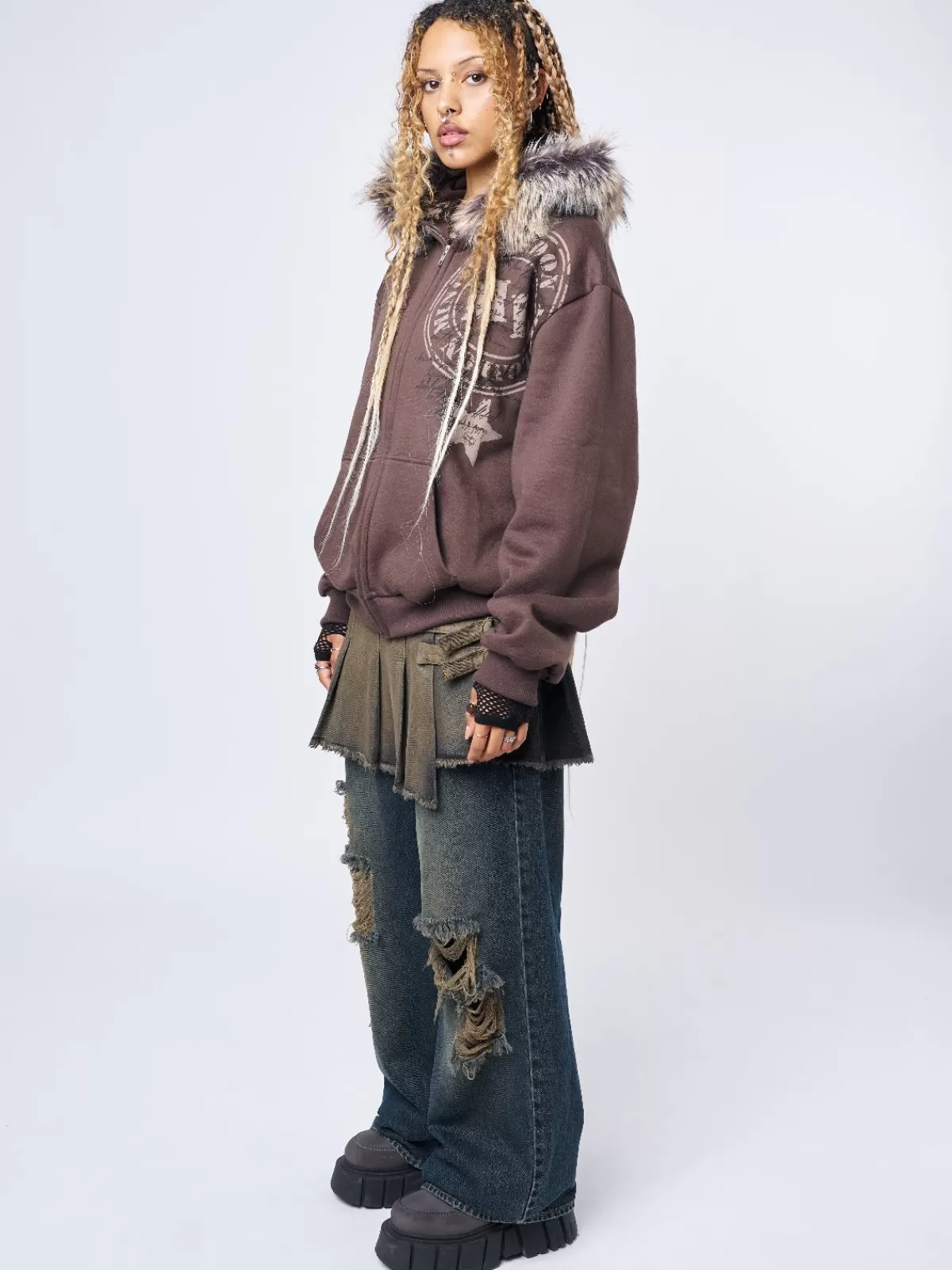 Fashion Minga London Kiara Faux Fur Neck Oversized Zip Up Hoodie Brown