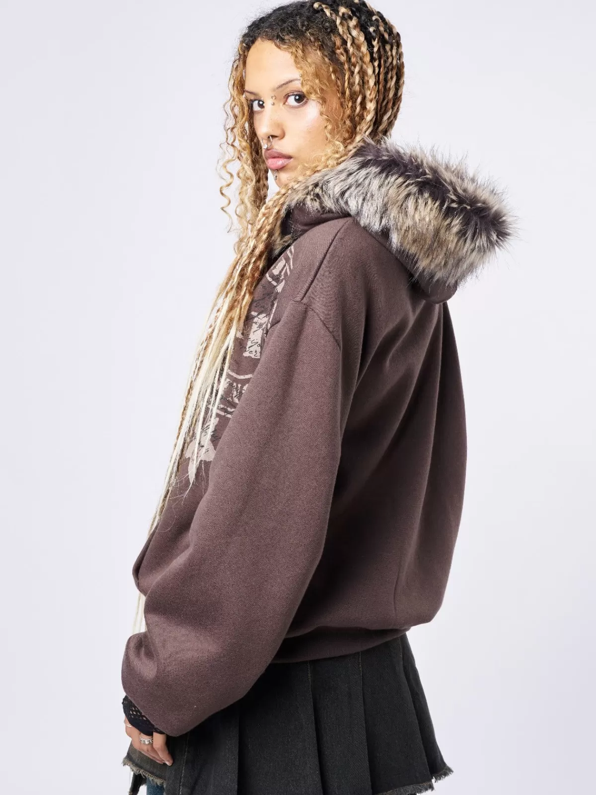 Fashion Minga London Kiara Faux Fur Neck Oversized Zip Up Hoodie Brown
