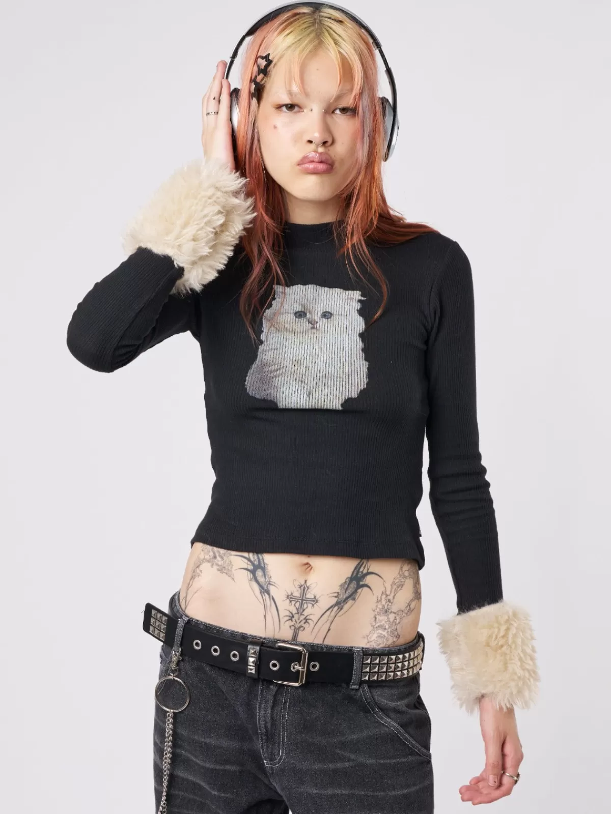 Clearance Minga London Kitty Faux Fur Cuffs High Neck Top Black