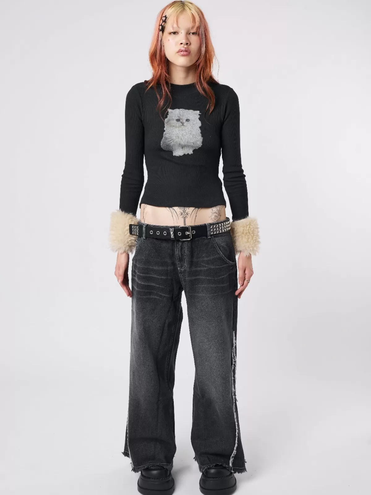 Clearance Minga London Kitty Faux Fur Cuffs High Neck Top Black
